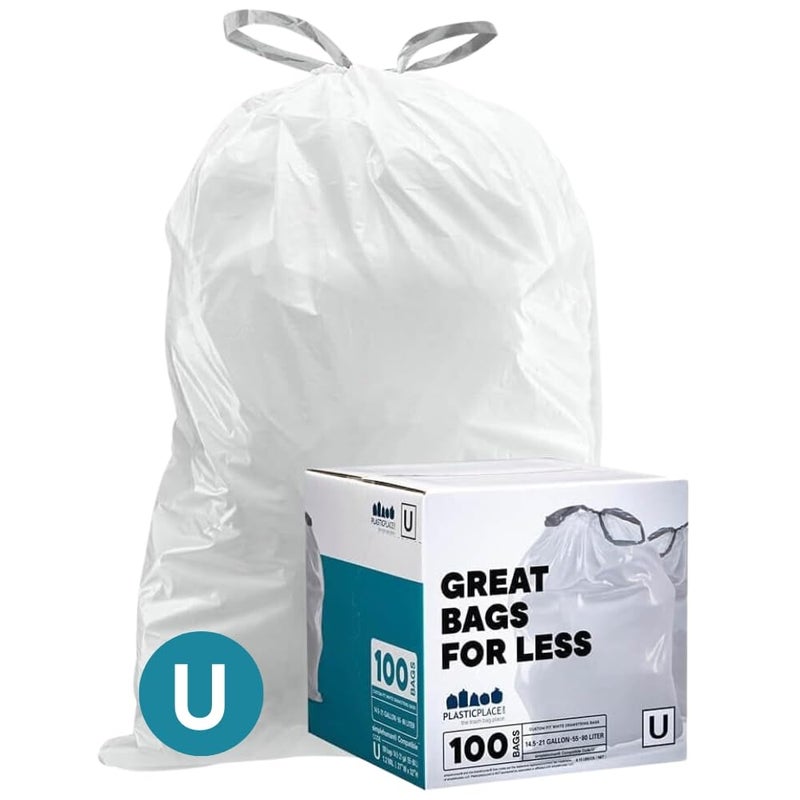 Plasticplace Custom Fit Trash Bags, Compatible with simplehuman Code U (100 Count) White Drawstring Garbage Liners 14.5-21 Gallon/ 55-80 Liter 26.5" x 32" - Image 1